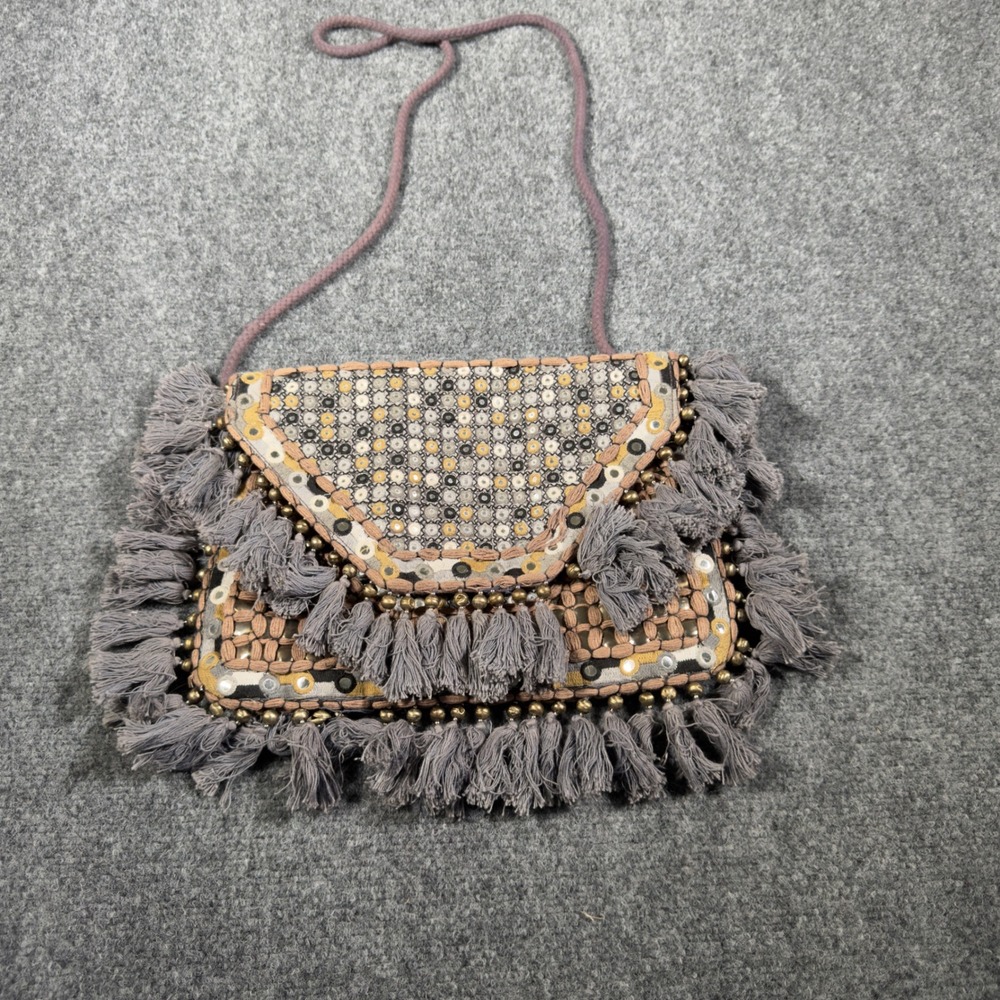 Anthro x IbBan Maggra Bag Boho Mirror Work Tassel Crossbody Gray Festival